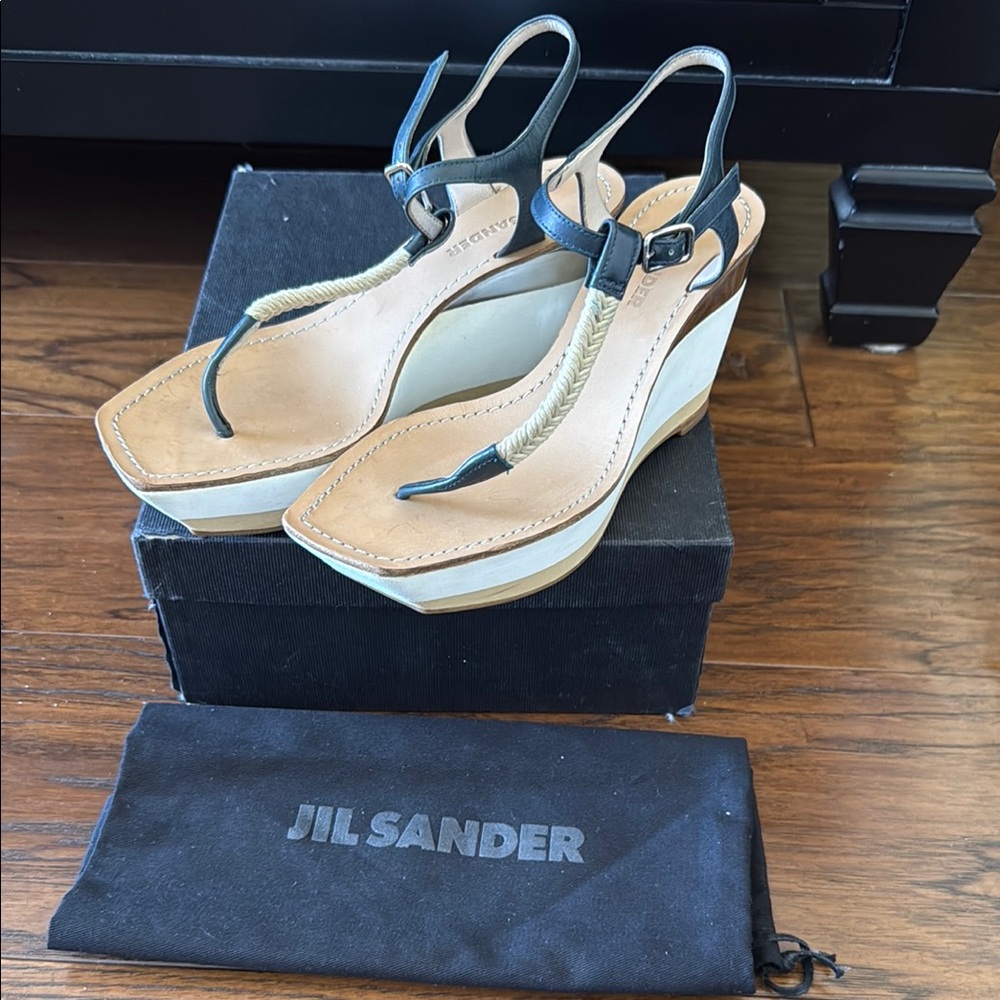 Jil Sander Tan and Black Wedge Shoes with Netting Cord Design sz 6 IT 36 $595